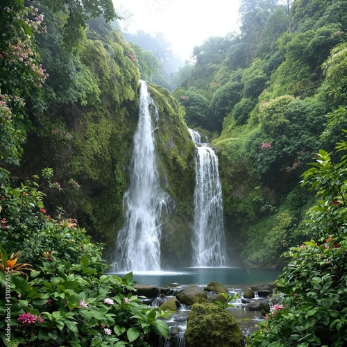 A peaceful waterfall surrounded by lush greenery and vibrant plant life, remote location, thriving ecosystem, flora