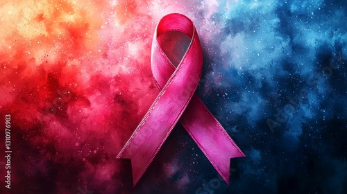 Pink Ribbon Symbol Against Red and Blue Textured Backdrop for Awareness and Support Campaign