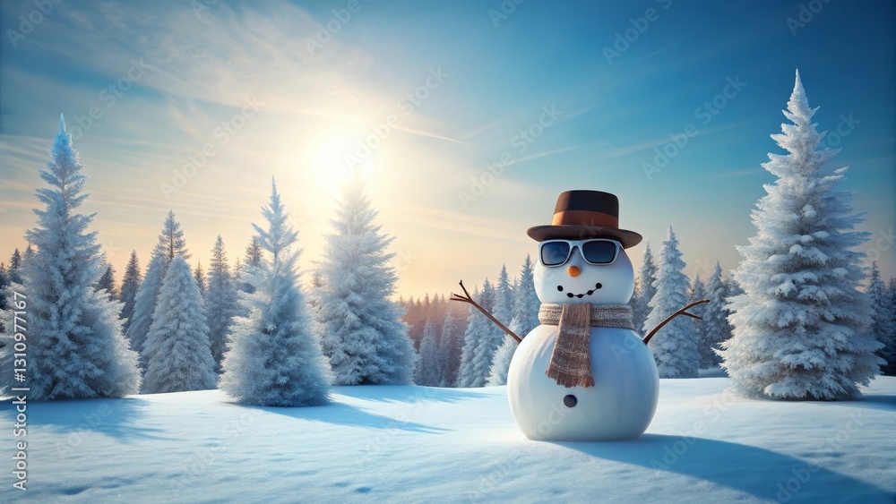 Obraz premium A Cool Snowman in a Winter Wonderland Scene, Enjoying a Sunny Day Amongst Snowy Evergreens