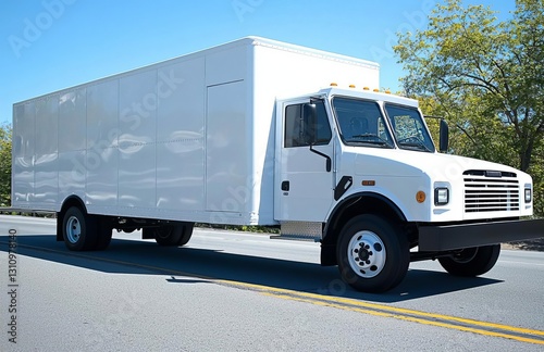 White delivery mini truck on highway over blue sky. , isolated on white background,  , copy space for text,