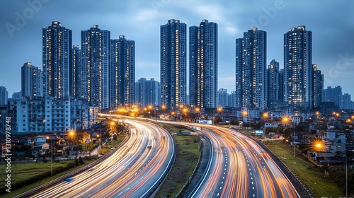 road in city with skyscrapers and car traffic light trails. infrastructure and transportation background , isolated on white background,  , copy space for text,