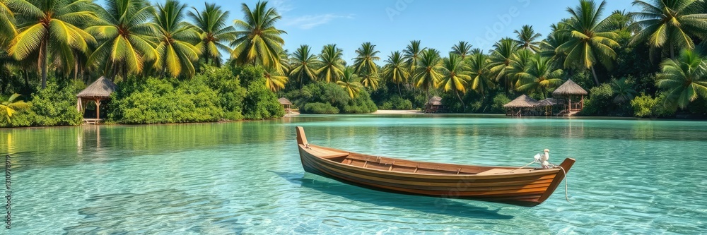 A small wooden boat glides effortlessly across the crystal-clear waters of a tranquil lagoon surrounded by majestic palm trees and lush greenery., sailing, turquoise water A small wooden boat glides effortlessly across the crystal-clear waters of a tranquil lagoon surrounded by majestic palm trees and lush greenery., sailing, turquoise water
