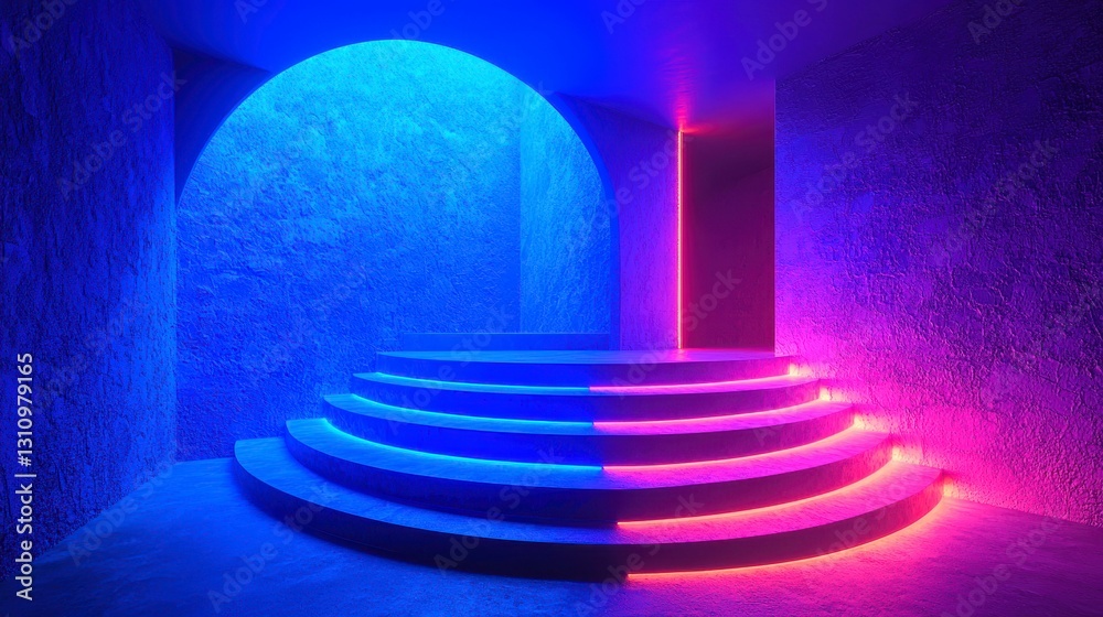 Obraz premium Illuminated Neon Steps Leading to an Archway Radiating Futuristic Hues and Shadow Play Design