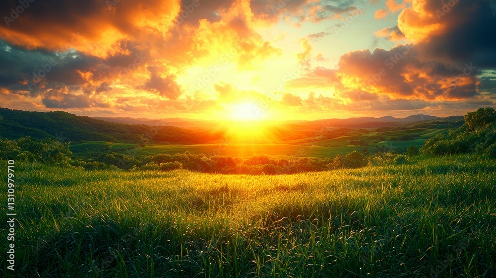 Obraz premium Golden Meadow Embraces Serene Sunset Radiance Over Rolling Hills a Picturesque Vista Landscape