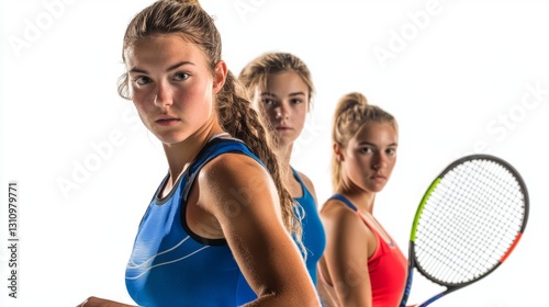 Female tennis players, white background.