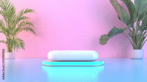 Minimalist pastel pink room with white podium, plants, and neon light.