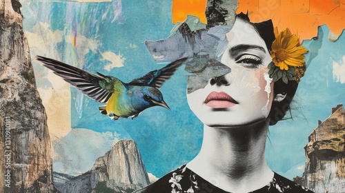 Woman with Bird Collage Art Print Nature Landscape