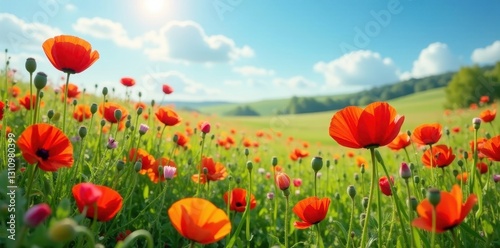 Vibrant poppy and wildflower meadow in full bloom , natural, stems, orange