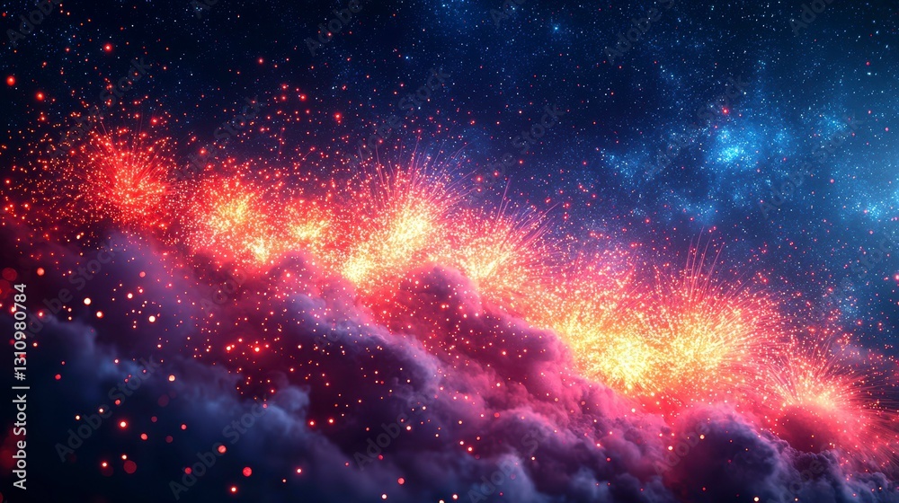 Fototapeta premium Ethereal Cosmic Clouds of Nebula with Fiery Explosions and Glowing Particles in Dark Space Depths