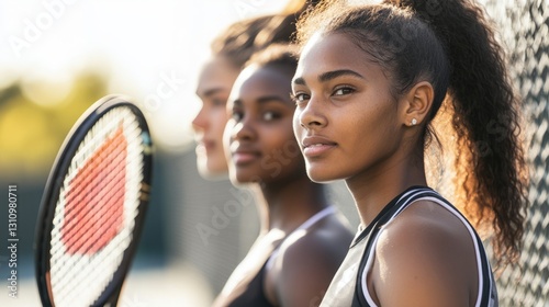 Female tennis players, white background.