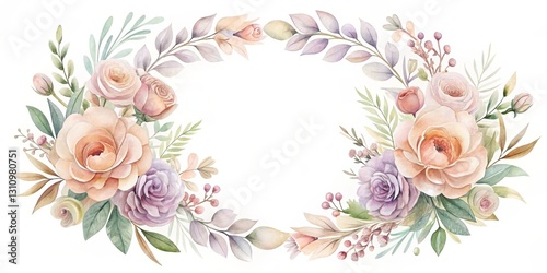 Elegant Pastel Floral Wreath Design Delicate Roses, Leaves, and Buds Arranged in a Circular Frame Perfect for Invitations, Cards, and Other Decorative Applications