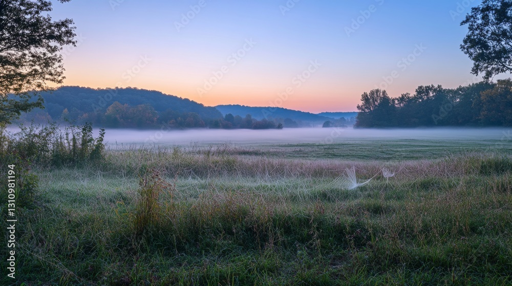 A serene landscape at dawn. Mist gently envelops the grassy field. Nature awakens with soft colors. A perfect view for relaxation and inspiration. Generative AI