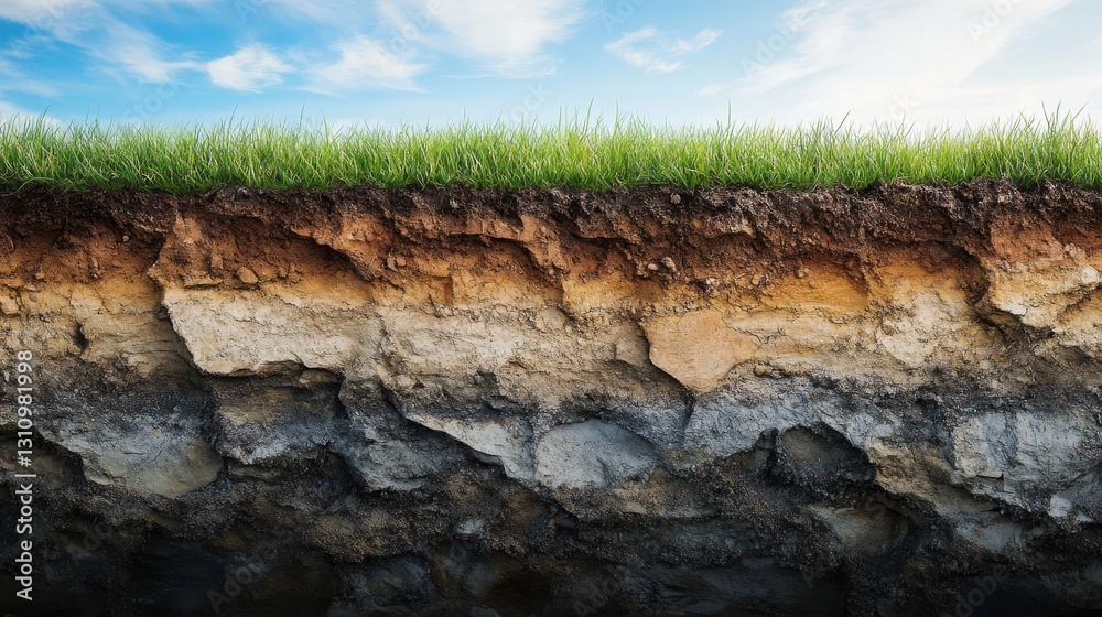 118.A layered view of the earth, with exposed soil and rock layers visible beneath the surface, the ground showing signs of erosion and the green grass growing on top. 118.A layered view of the earth, with exposed soil and rock layers visible beneath the surface, the ground showing signs of erosion and the green grass growing on top.