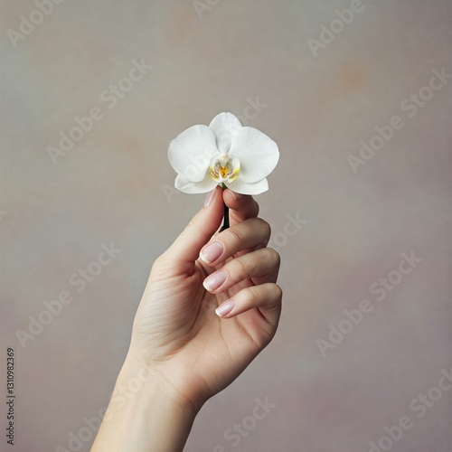 A hand holding a white Phalaenopsis orchid.