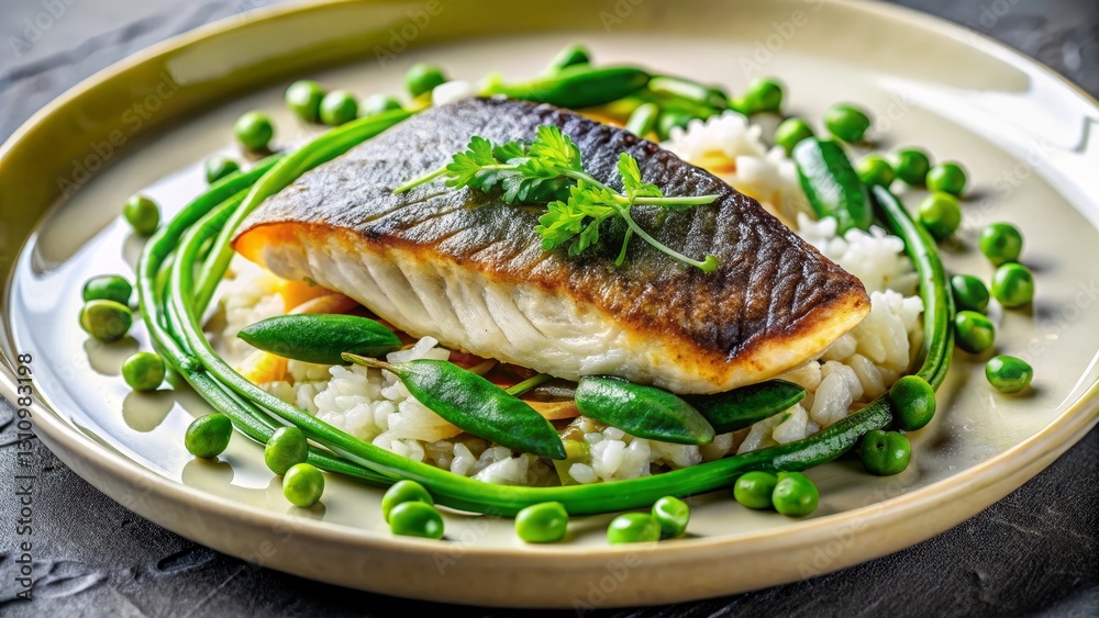 Pan-Seared Fish Fillet with Spring Vegetables and Rice, a Gourmet Culinary Delight Pan-Seared Fish Fillet with Spring Vegetables and Rice, a Gourmet Culinary Delight