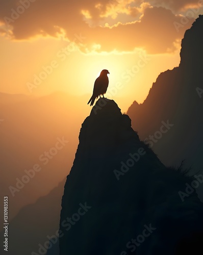 A bird perched on a mountain peak at sunset, silhouetted against a vibrant orange and purple sky, embodying freedom and solitude.