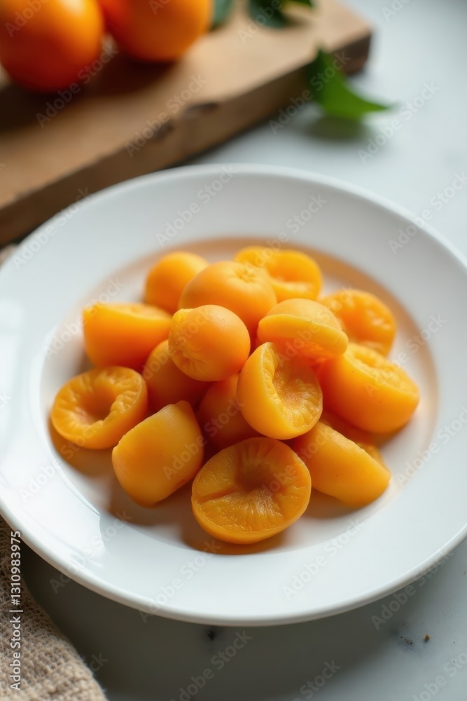 A small pile of plump, dried apricots arranged neatly on a stark white plate, healthy food, food photography A small pile of plump, dried apricots arranged neatly on a stark white plate, healthy food, food photography