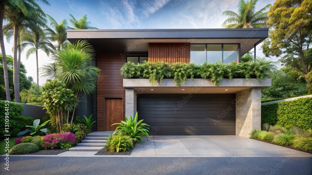 Fototapeta premium Modern architectural design of a single-family home showcasing sleek lines, a minimalist aesthetic, and lush tropical landscaping.