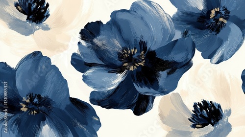 Abstract artistic painting of flowers in shades of blue and cream