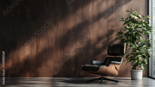 Leather armchair against dark wood wall, plant beside. Perfect for interior design, home decor, or minimalist lifestyle websites.