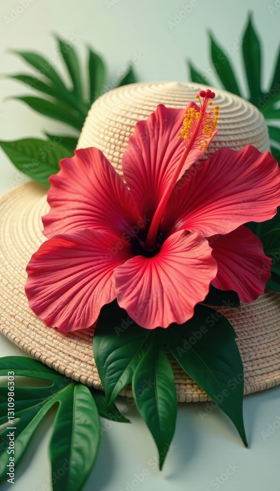Naklejka premium Bold hibiscus blooms & palm leaves on a sun hat , hibiscus, trendy