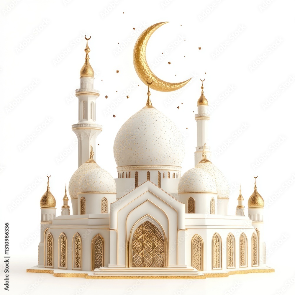 Obraz premium Elegant white mosque with golden crescent moon.