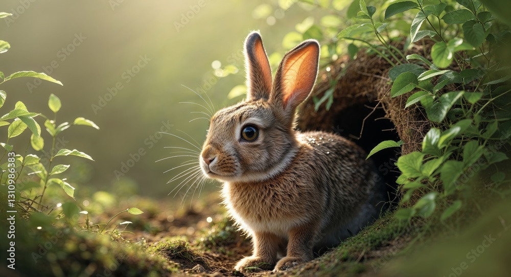 Fototapeta premium Curious rabbit emerges from burrow surrounded by greenery in soft sunlight.