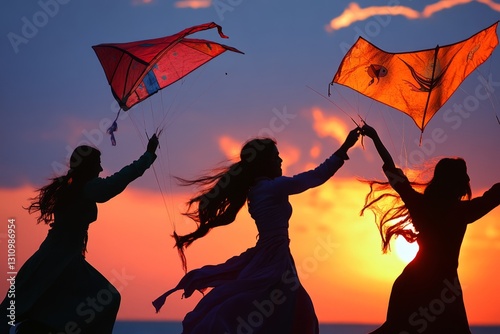 Graceful female faces of different races dancing with kites in the sunset, ki...
