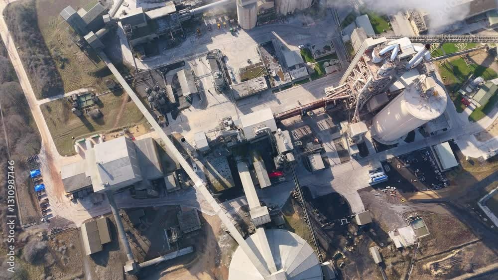 Aerial drone fly over close up of industrial processing warehouse facility refinement aggregates cement production smoke stacks towers in England UK on a sunny day 