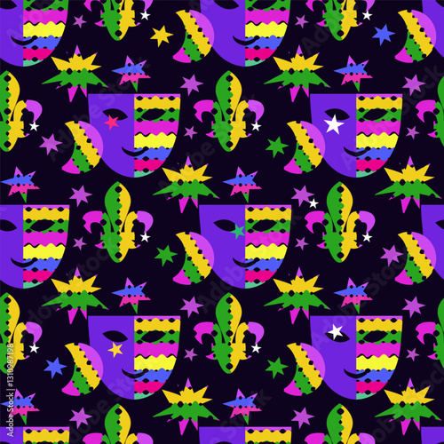Mardi Gras Carnival, masquerade seamless pattern holidayy template design Vector carnaval texture