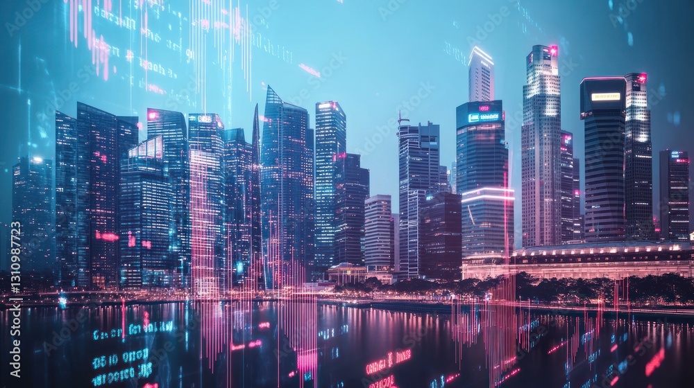 Fototapeta premium A futuristic cityscape reflected on a body of water at night