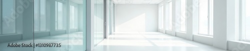 Bright white hallway, meeting room glass wall view, architecture, contemporary, interior