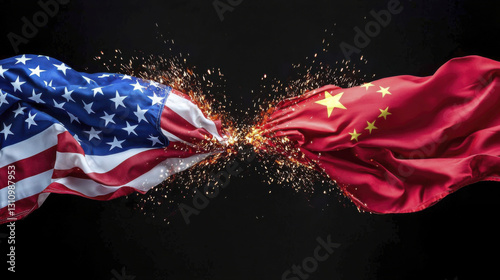 Flags of United States and China clash with sparks, symbolizing tension