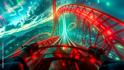 roller coaster front seat thrilling dynamic fast-paced shifting tracks real-time crypto market cryptocurrency blockchain volatility adrenaline excitement finance investment futuristic