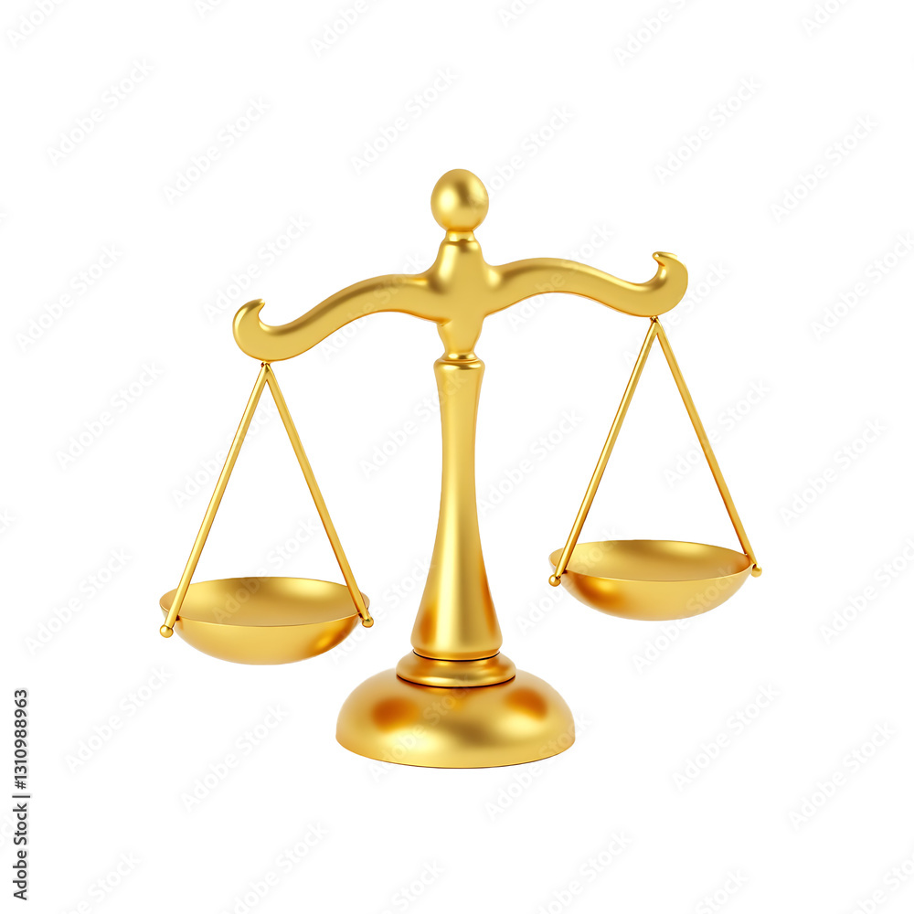 Golden balance scale representing justice and impartiality with two symmetrical pans Golden balance scale representing justice and impartiality with two symmetrical pans