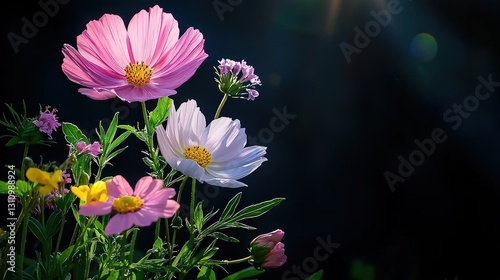 Obraz na płótnie Pink and white cosmos flowers in sunlight against dark background. w salonie