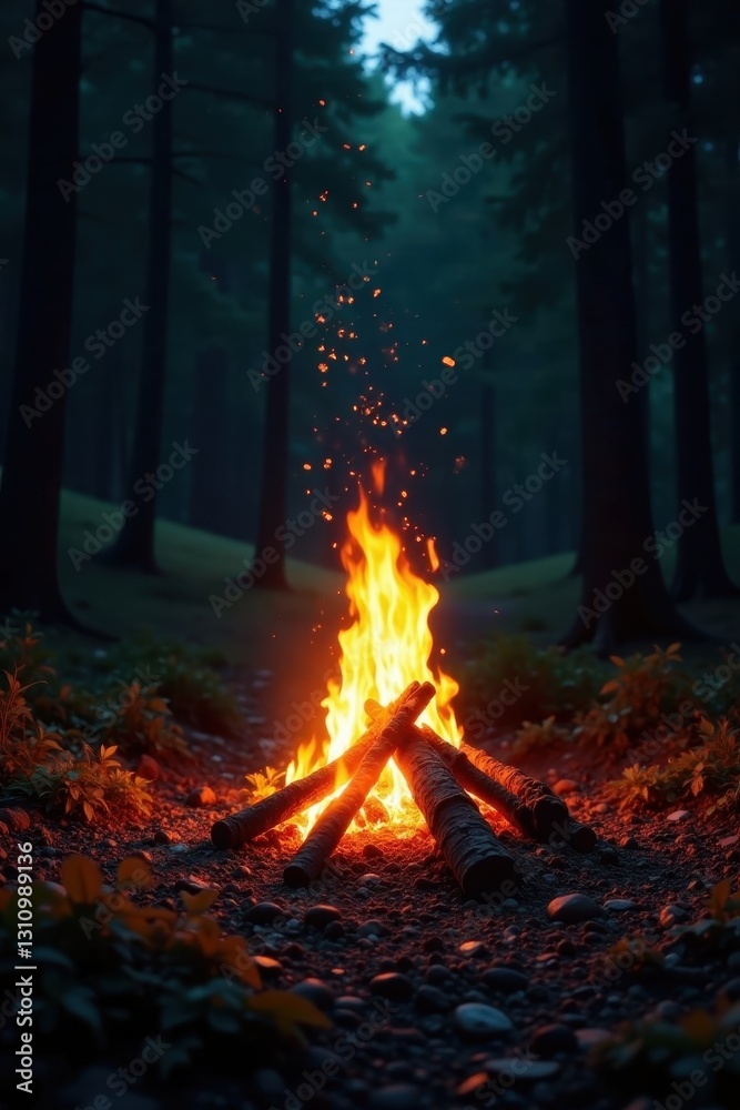 Bright orange campfire blaze against dark forest, wildfire, heat Bright orange campfire blaze against dark forest, wildfire, heat