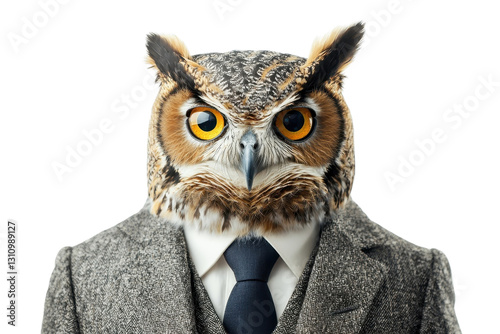 An owl in a suit, isolate on white background, adding a comical and formal appearance. PNG