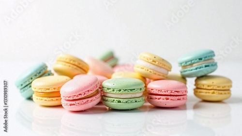 Colorful pastel French macarons with creamy filling arranged on a white surface.