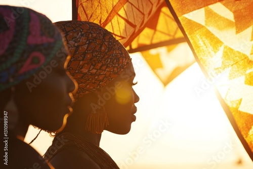 Graceful female faces of different races dancing with kites in the sunset, ki...