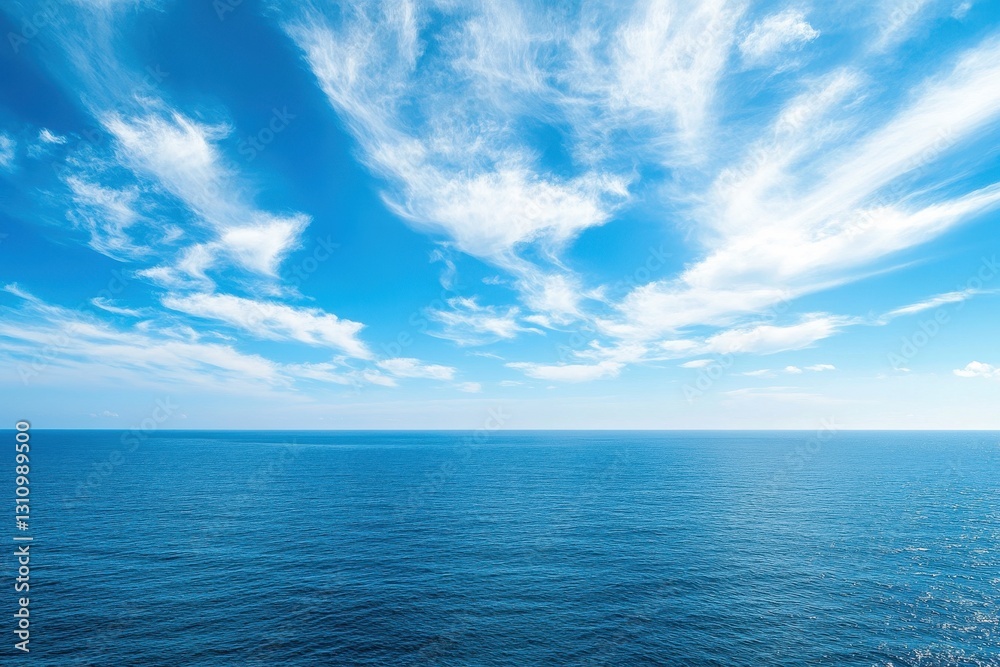 Vast ocean under a blue sky with wispy clouds. Perfect for travel, serenity, or nature themes. Vast ocean under a blue sky with wispy clouds. Perfect for travel, serenity, or nature themes.