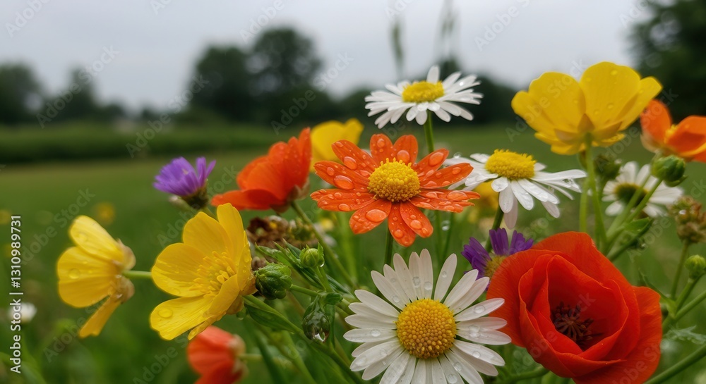 Fototapeta premium Colorful Wildflower Meadow Featuring Daisies and Buttercups with Fresh Raindrops