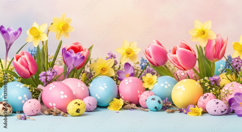 Fototapeta premium Easter Egg Display with Spring Flowers on a Pastel Background