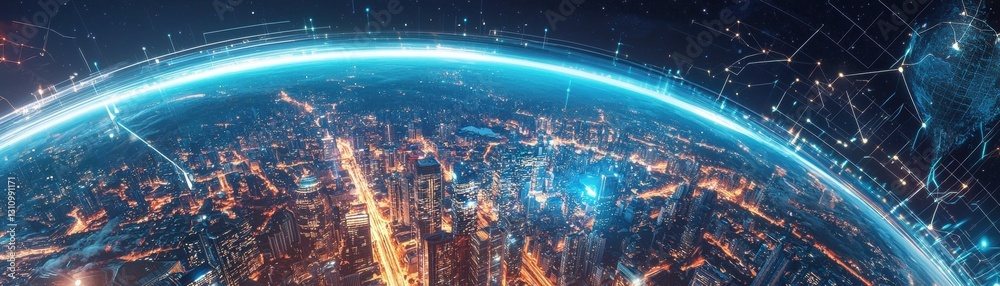 Fototapeta premium A vibrant cityscape at night, illuminated by lights, with a digital network overlay representing connectivity and technology.