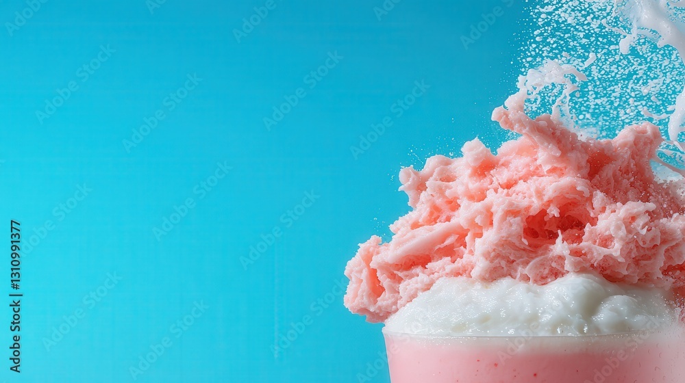 Pink and white creamy dessert with bubbles splashing.