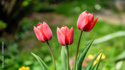 Vibrant spring tulips in full bloom with colorful petals against a soft natural background. Beautiful seasonal floral arrangement symbolizing love, renewal, and happiness.