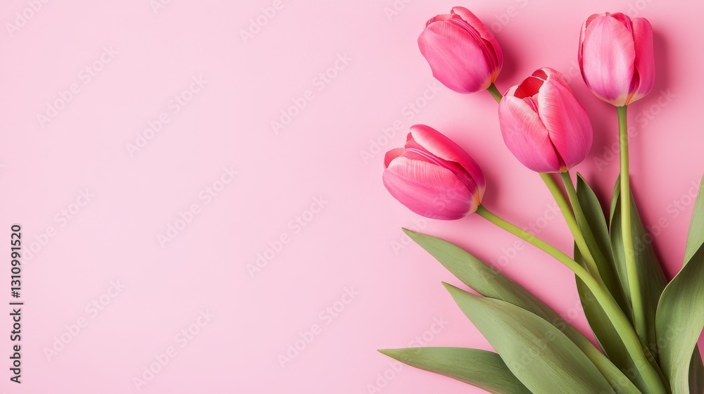 Obraz premium Elegant spring tulip flowers arranged on a soft pink background in flat lay style. Perfect floral greeting for Women's Day, Mother's Day, and seasonal celebrations.