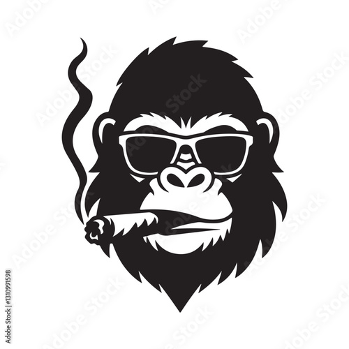 Gorilla wearing stylish sunglasses with a cigar in its mouth silhouette vector illustration