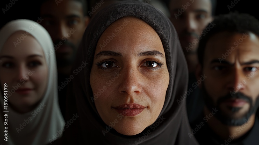 The surrealistic, front-facing passport-style portrait consists of many different faces subtly blended together The surrealistic, front-facing passport-style portrait consists of many different faces subtly blended together
