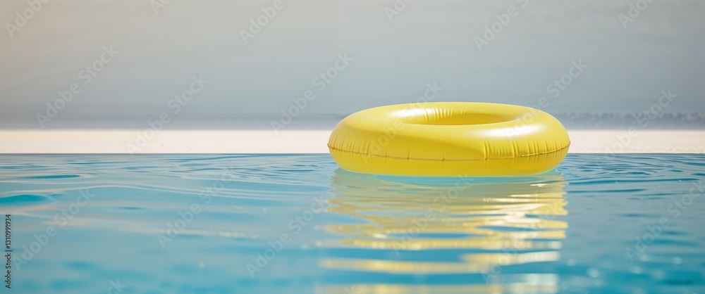 Yellow inflatable ring floats on the surface of a blue pool Yellow inflatable ring floats on the surface of a blue pool